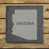 Arizona square slate coaster engraved with the state shape and ARIZONA in bold lettering