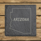 Arizona square slate coaster engraved with the state outline and ARIZONA in hand-drawn brush lettering