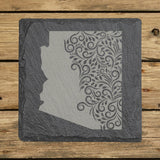 Arizona square slate coaster engraved with the state shape in ornate floral scrollwork
