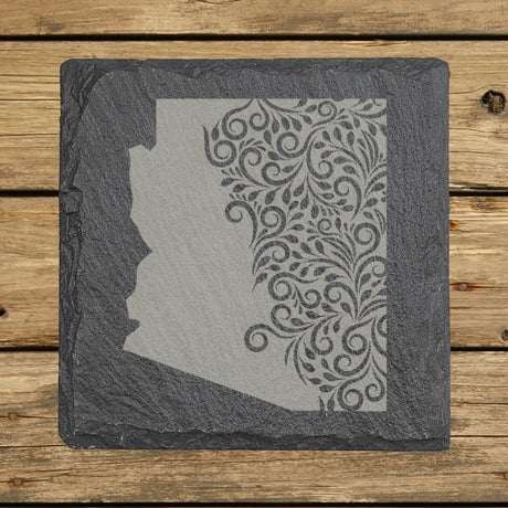 Arizona square slate coaster engraved with the state shape in ornate floral scrollwork