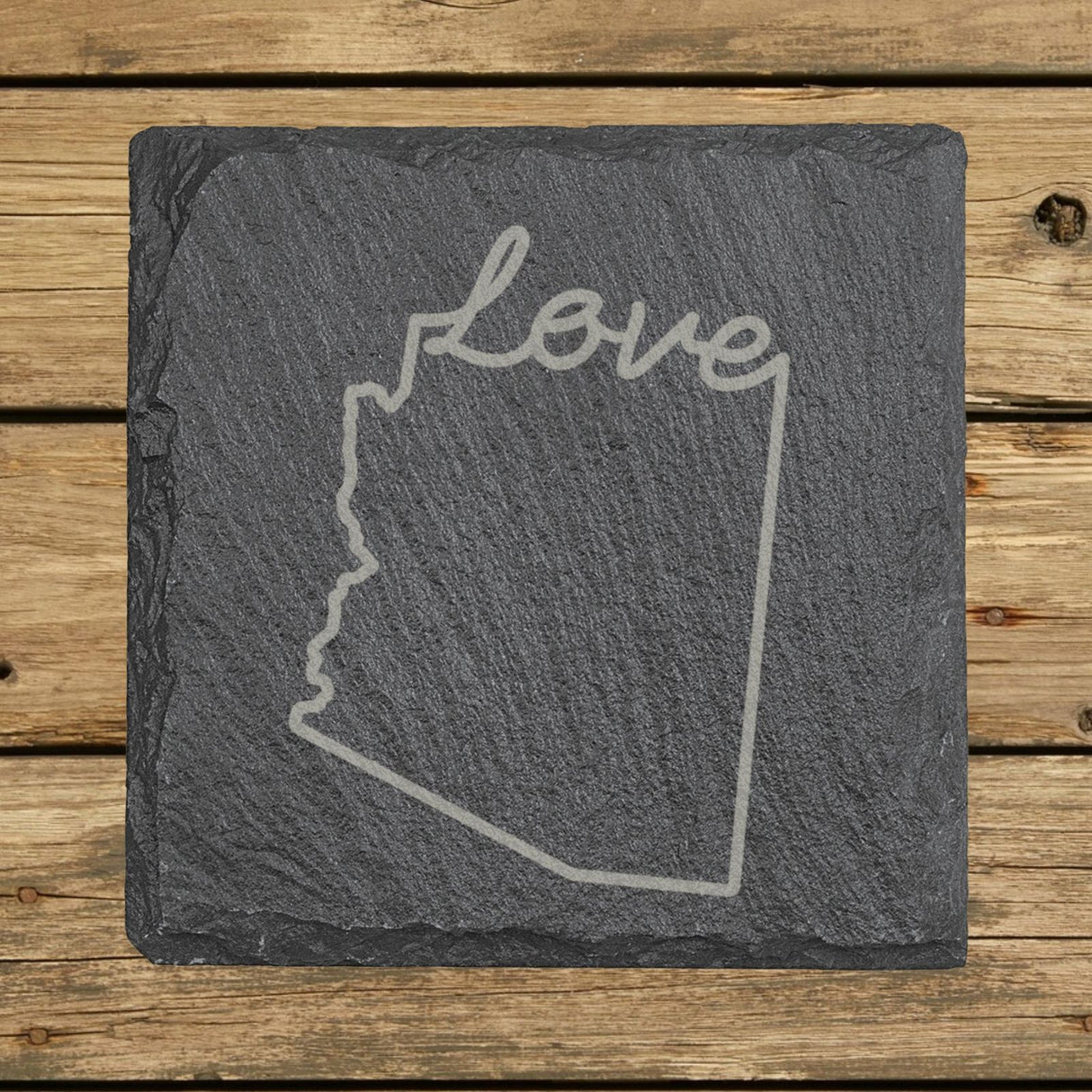Arizona square slate coaster engraved with a hand-drawn state outline and love in cursive