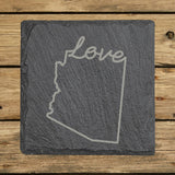 Arizona square slate coaster engraved with a hand-drawn state outline and love in cursive