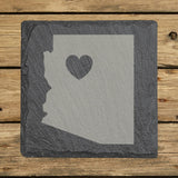 Arizona square slate coaster engraved with the state shape and a heart