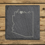 Arizona square slate coaster engraved with the state outline and home in script with a heart