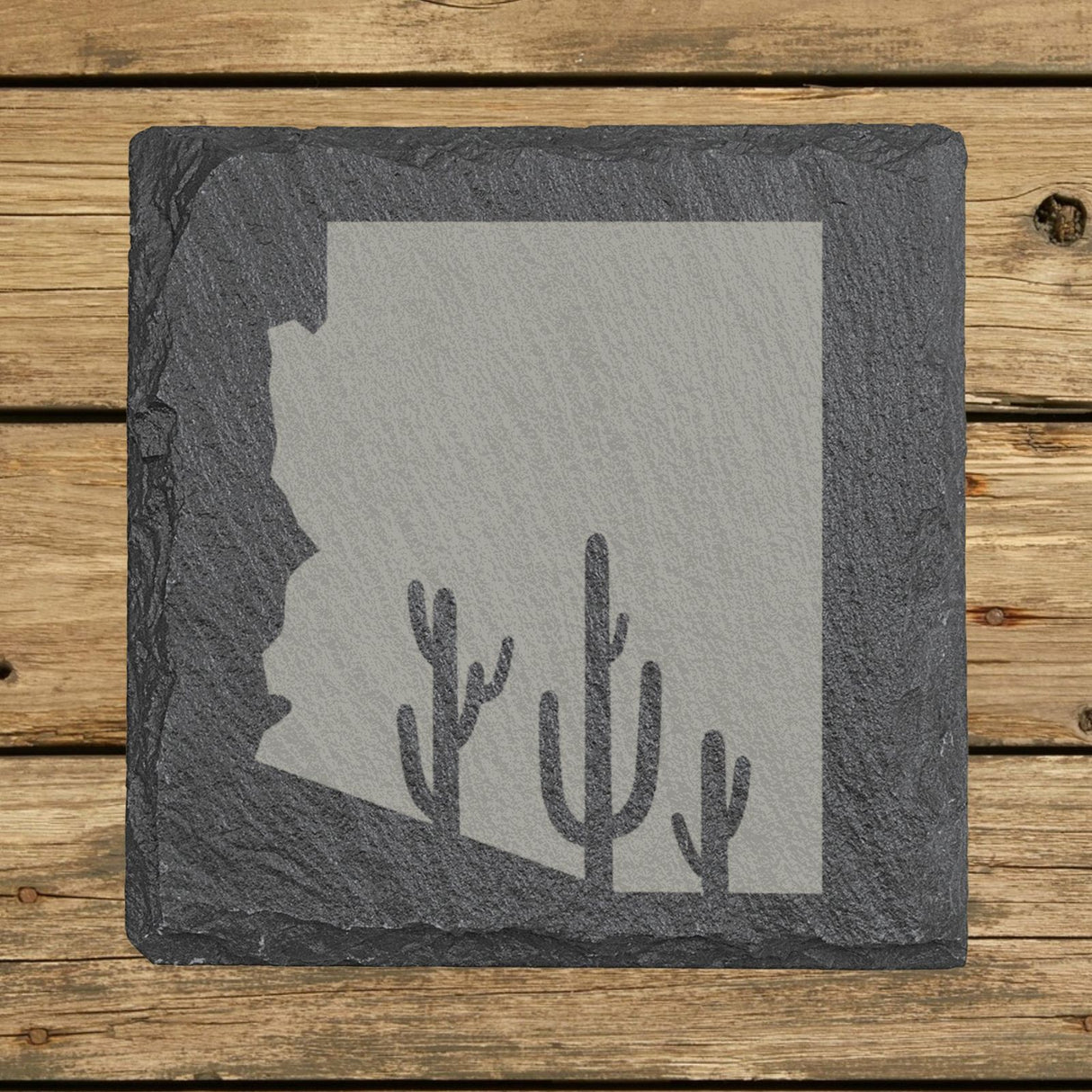 Arizona square slate coaster engraved with the state shape and saguaro cacti