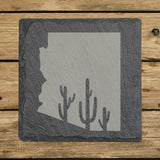 Arizona square slate coaster engraved with the state shape and saguaro cacti