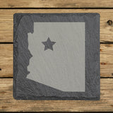 Arizona square slate coaster engraved with the state shape and a star