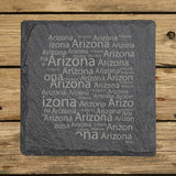 Arizona square slate coaster engraved with a word cloud of repeating Arizona text