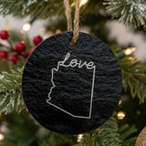 Arizona round slate Christmas ornament engraved with a hand-drawn state outline and love in cursive