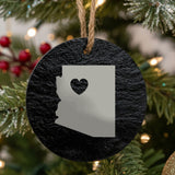 Arizona round slate Christmas ornament engraved with the state shape and a heart