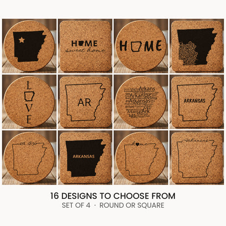 Arkansas cork coaster set, laser engraved natural cork