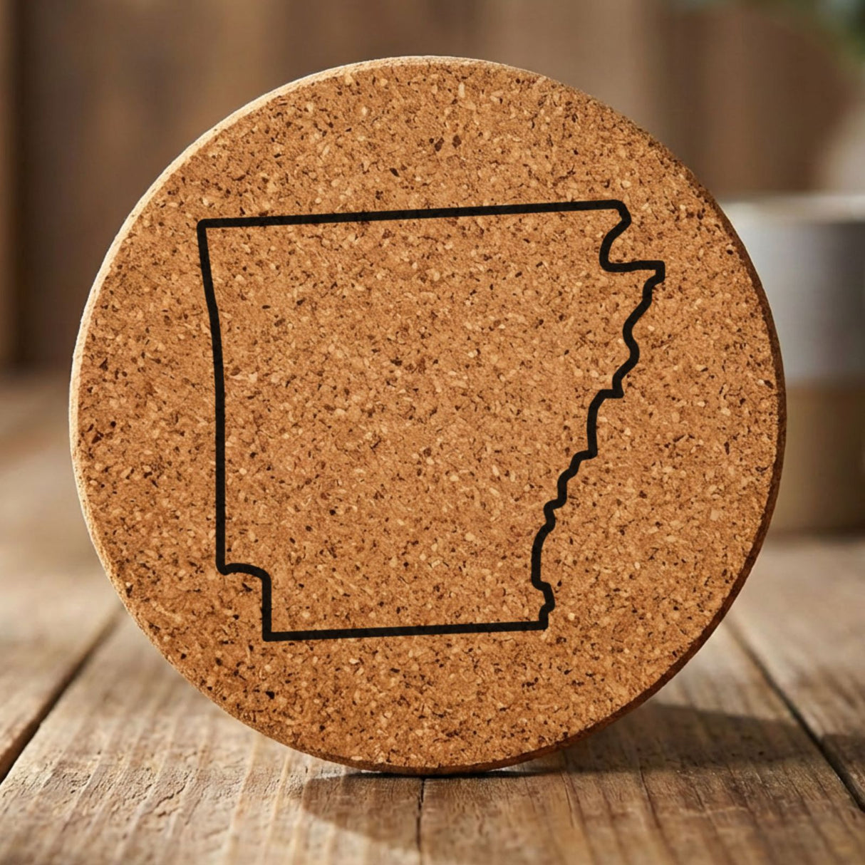Arkansas round cork coaster engraved with a clean state outline