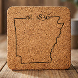 Arkansas square cork coaster engraved with the state outline and est. 1836