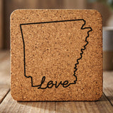 Arkansas square cork coaster engraved with a hand-drawn state outline and love in cursive