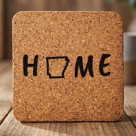 Arkansas square cork coaster engraved with HOME using the state outline as the letter O