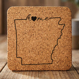 Arkansas square cork coaster engraved with the state outline and home in script with a heart