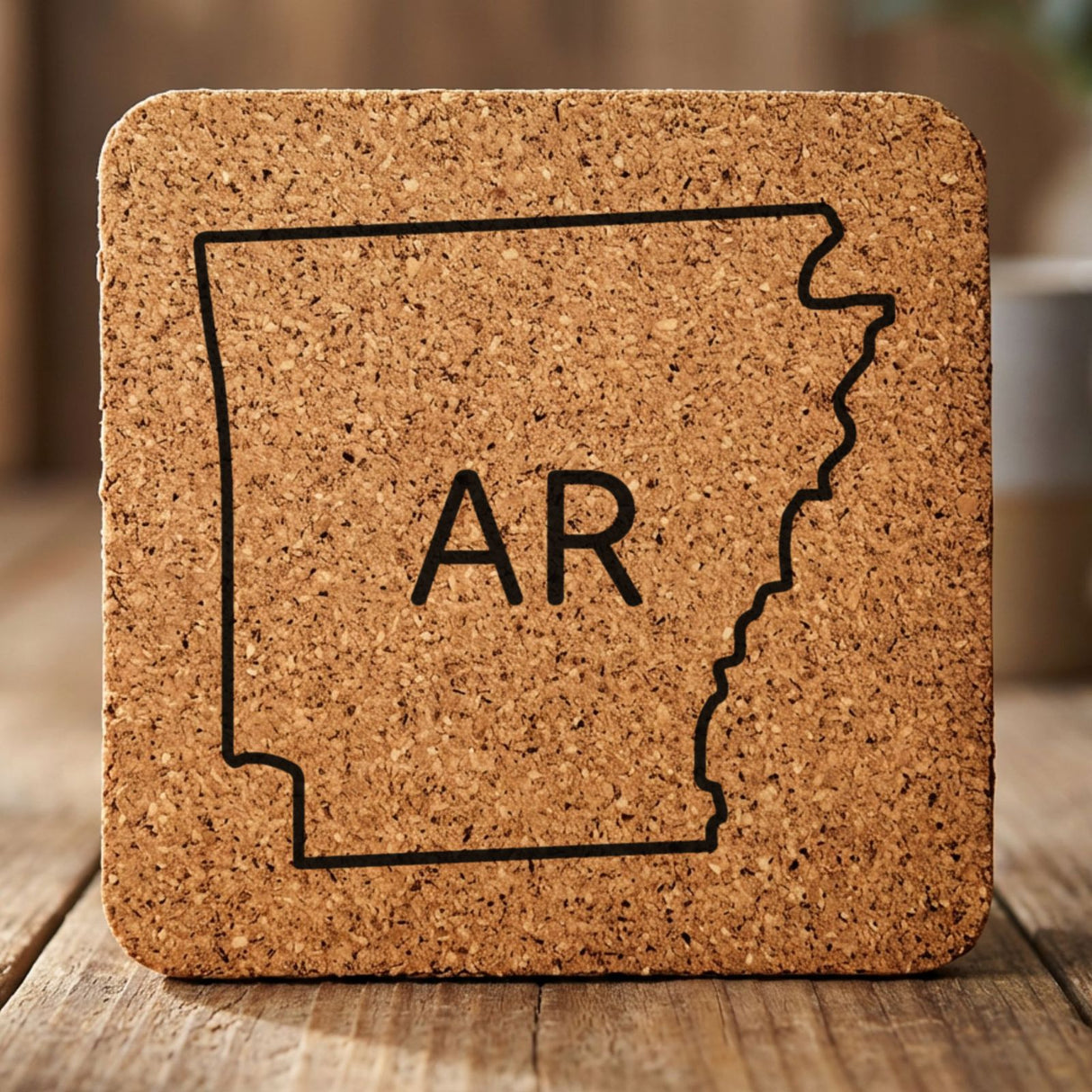 Arkansas square cork coaster engraved with the state outline and AR initials