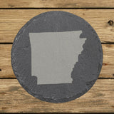 Arkansas round slate coaster with the full state shape engraved
