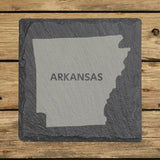 Arkansas square slate coaster engraved with the state shape and ARKANSAS in bold lettering