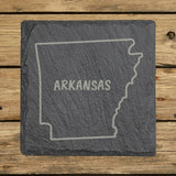 Arkansas square slate coaster engraved with the state outline and ARKANSAS in hand-drawn brush lettering