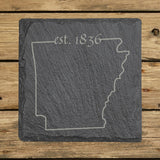 Arkansas square slate coaster engraved with the state outline and est. 1836