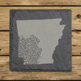 Arkansas square slate coaster engraved with the state shape in ornate floral scrollwork