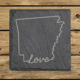 Arkansas square slate coaster engraved with a hand-drawn state outline and love in cursive