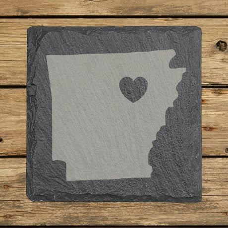 Arkansas square slate coaster engraved with the state shape and a heart