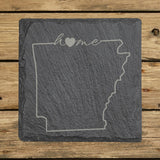 Arkansas square slate coaster engraved with the state outline and home in script with a heart