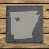 Arkansas square slate coaster engraved with the state shape and a star