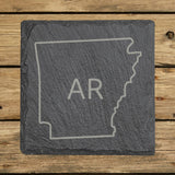 Arkansas square slate coaster engraved with the state outline and AR initials