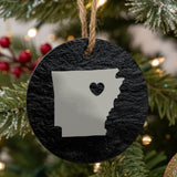 Arkansas round slate Christmas ornament engraved with the state shape and a heart