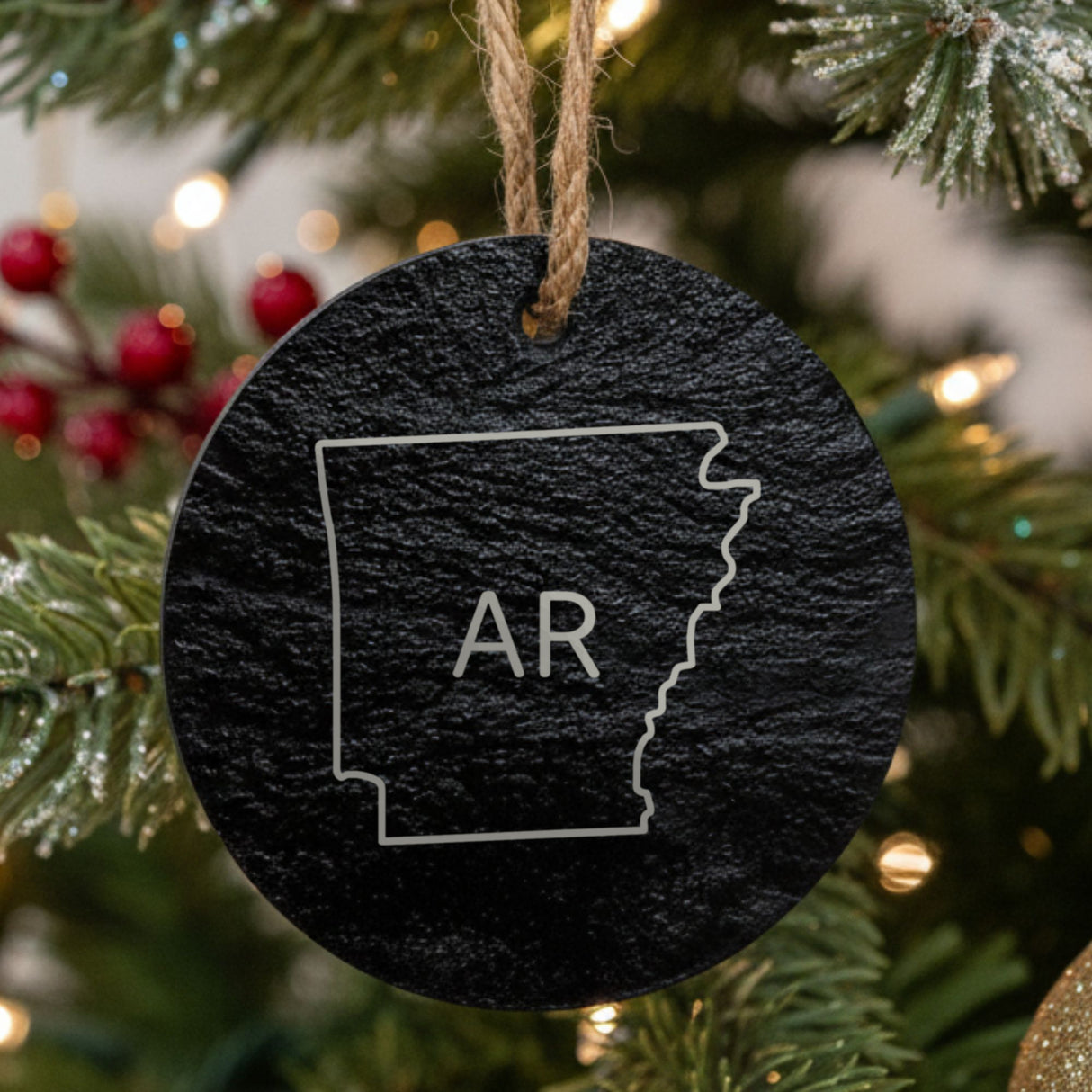 Arkansas round slate Christmas ornament engraved with the state outline and AR initials