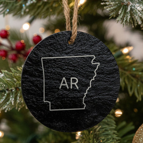 Arkansas round slate Christmas ornament engraved with the state outline and AR initials