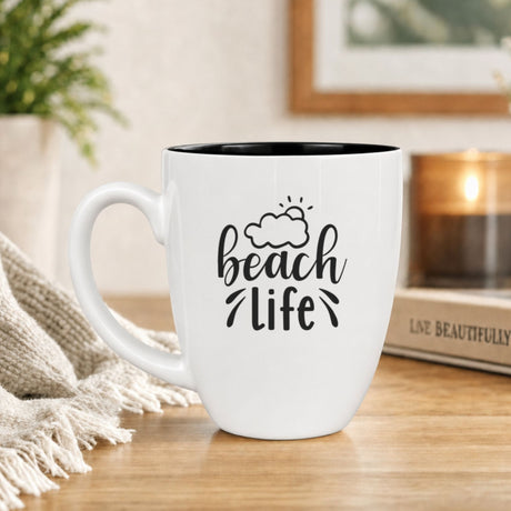White 16 oz ceramic coffee mug with "Beach Life"