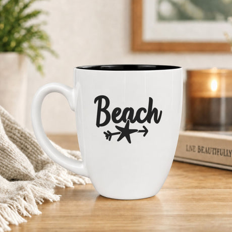 White 16 oz ceramic coffee mug with "Beach"