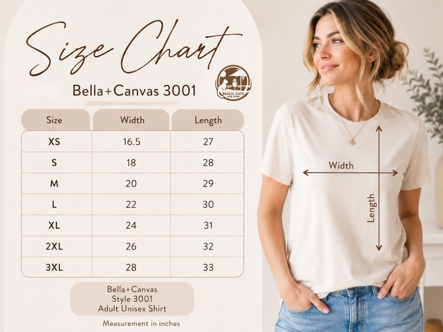 Bella+Canvas 3001 unisex jersey short sleeve tee size chart, body length and chest width by size