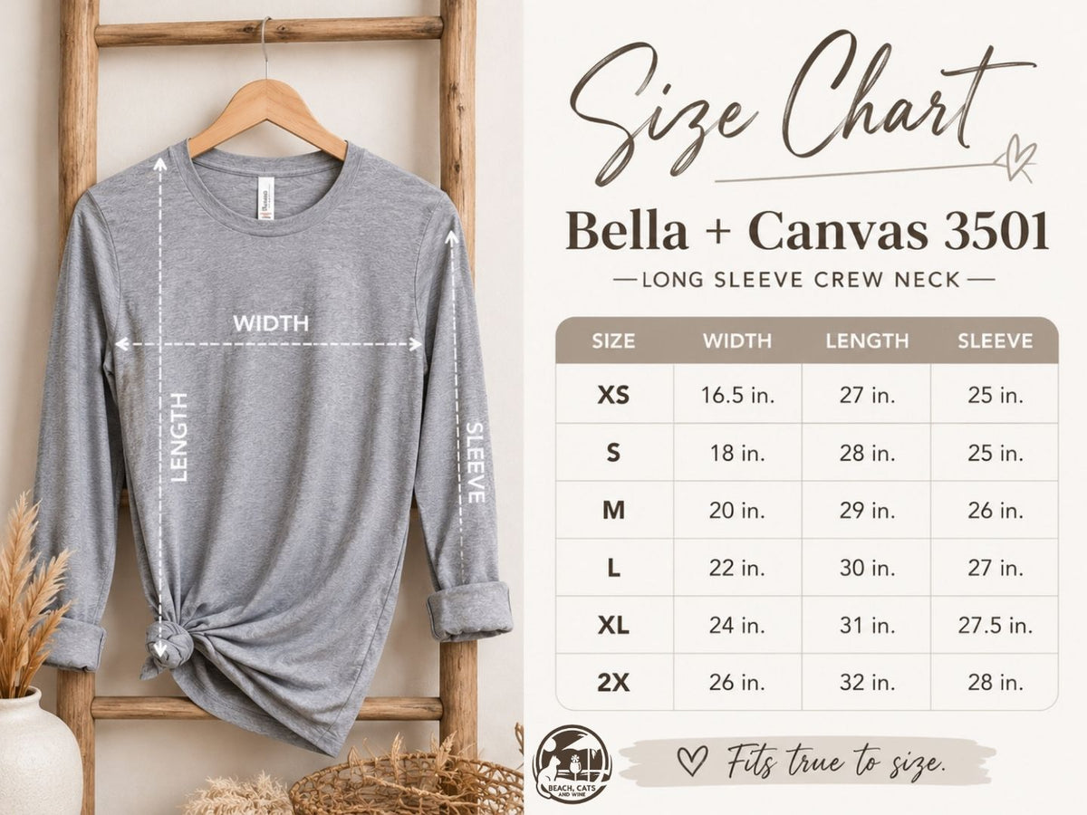 Bella+Canvas 3501 unisex jersey long sleeve tee size chart, body length and chest width by size