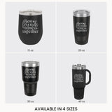Best Friends Wine Together laser engraved tumbler in black, shown in all four sizes: 12, 20, 30 and 40 oz