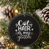 Black leatherette Christmas ornament engraved with Cat Hair Is My Glitter