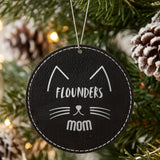 Black leatherette Christmas ornament engraved with the Cat Mom design and a sample pet name