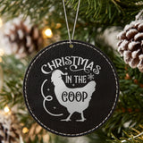Black leatherette Christmas ornament engraved with Christmas in the Coop