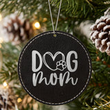 Black leatherette Christmas ornament engraved with a hand drawn Dog Mom heart and paw design
