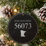Black leatherette Christmas ornament laser engraved with the Home Sweet Home State zip code design
