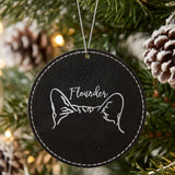 Black leatherette Christmas ornament engraved with the cat ears and name design and a sample pet name