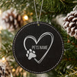 Black leatherette Christmas ornament engraved with the heart and paw print design