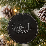 Black leatherette Christmas ornament laser engraved with the Script City zip code design