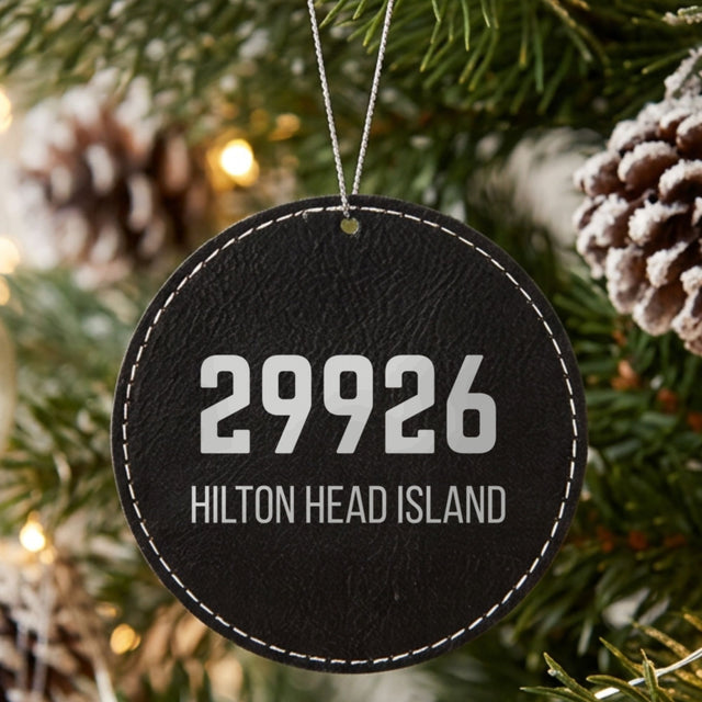 Black leatherette Christmas ornament laser engraved with the Bold Zip zip code design