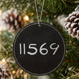Black leatherette Christmas ornament laser engraved with the Zip Code Only zip code design