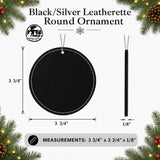 Size guide: black leatherette round ornament, 3 3/4" across and 1/8" thick, with a hanging cord